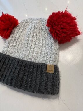 Kids Double Pom Knit Beanie - Gray, Dark Gray & Red